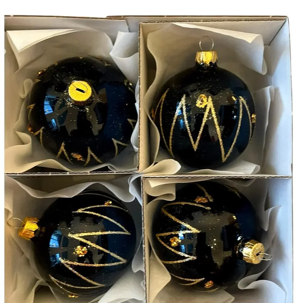 VITBIS Handcrafted Glass Ornaments Set of 6 Navy Blue & Gold Made in Poland NEW